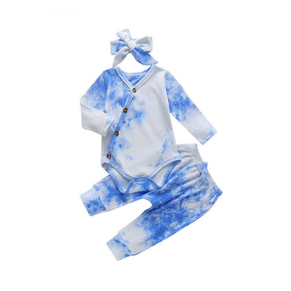3 Pieces Set Baby Girls Tie Dye Bow Headwear Rompers And Pants