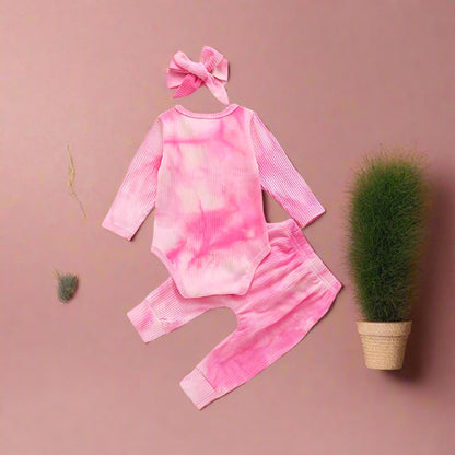 3 Pieces Set Baby Girls Tie Dye Bow Headwear Rompers And Pants