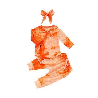 3 Pieces Set Baby Girls Tie Dye Bow Headwear Rompers And Pants