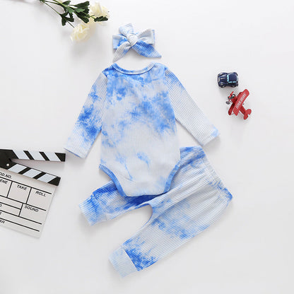 3 Pieces Set Baby Girls Tie Dye Bow Headwear Rompers And Pants