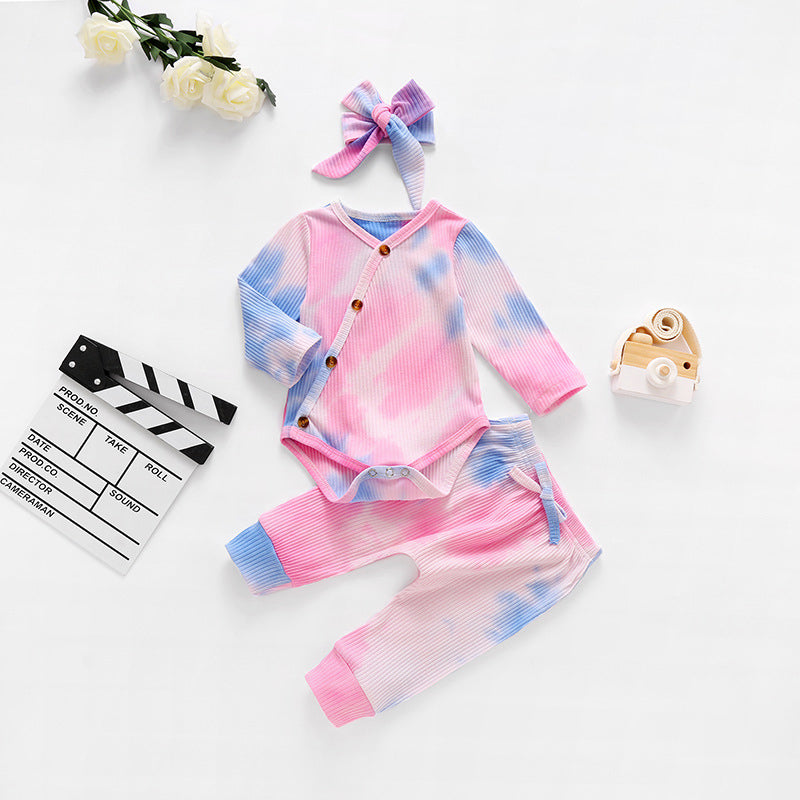 3 Pieces Set Baby Girls Tie Dye Bow Headwear Rompers And Pants