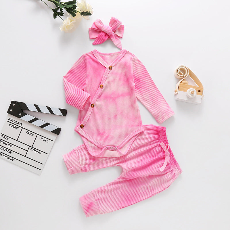 3 Pieces Set Baby Girls Tie Dye Bow Headwear Rompers And Pants