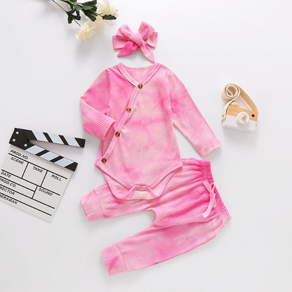 3 Pieces Set Baby Girls Tie Dye Bow Headwear Rompers And Pants
