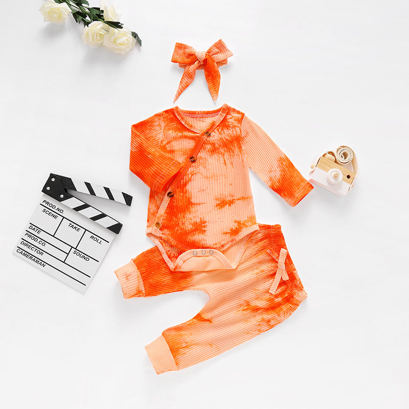 3 Pieces Set Baby Girls Tie Dye Bow Headwear Rompers And Pants
