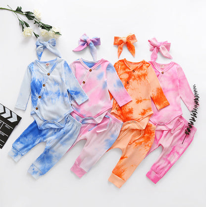 3 Pieces Set Baby Girls Tie Dye Bow Headwear Rompers And Pants