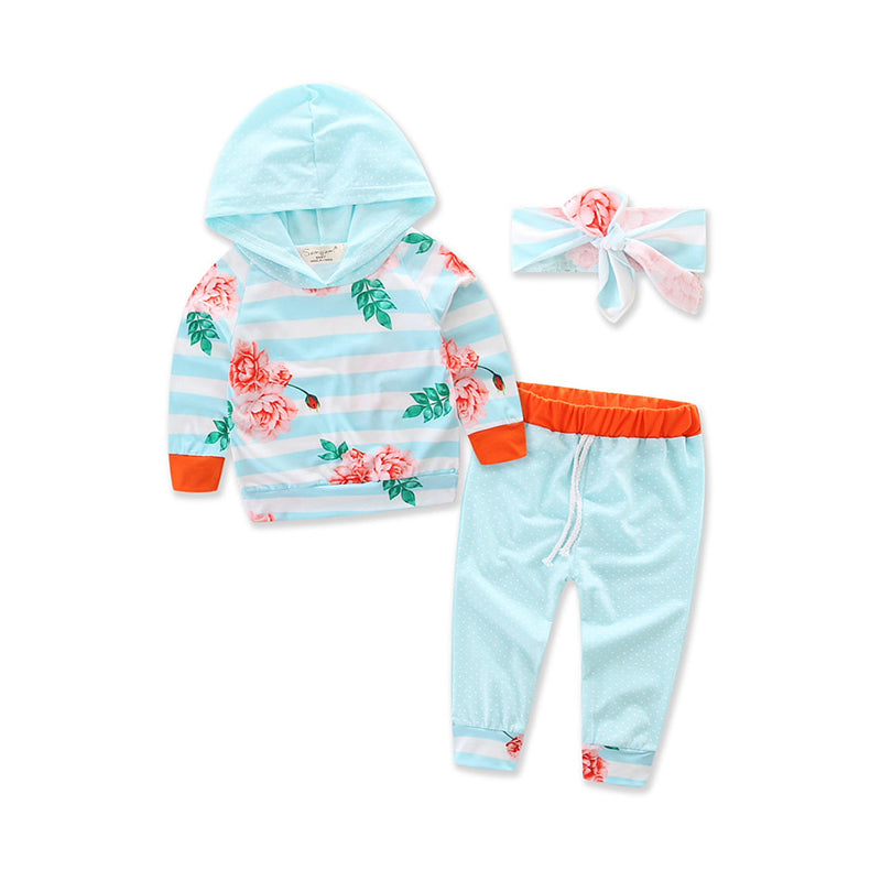 3 Pieces Set Baby Girls Striped Print Hoodies Swearshirts Pants And Bow Headwear Wholesale 58047643