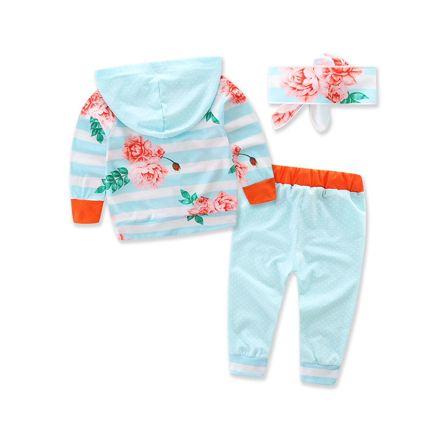 3 Pieces Set Baby Girls Striped Print Hoodies Swearshirts Pants And Bow Headwear Wholesale 58047643