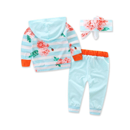 3 Pieces Set Baby Girls Striped Print Hoodies Swearshirts Pants And Bow Headwear Wholesale 58047643
