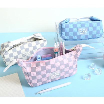 Checkerboard Large Capacity Canvas Pencil Bag