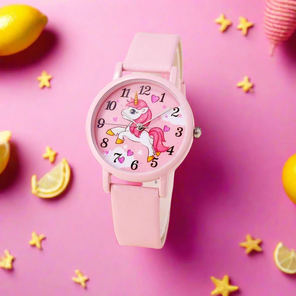 Cute pink leather unicorn watch