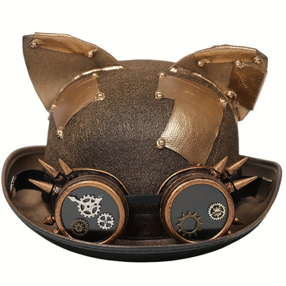Steampunk Golden Top Hat with Cat Ears & Removable Goggles