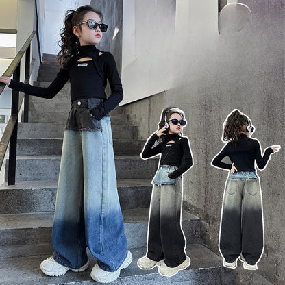 Wholesale Children's Waistband Contrasting Raw Edge Gradient Straight Wide Leg Cotton Jeans