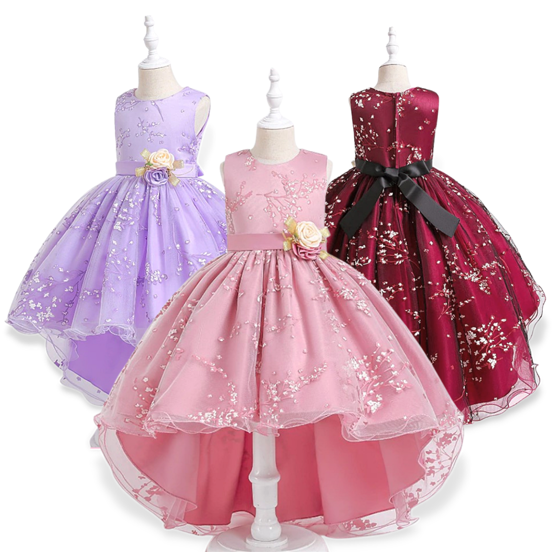 Rose Design Floral Long Back Girls Fashion Party Dress