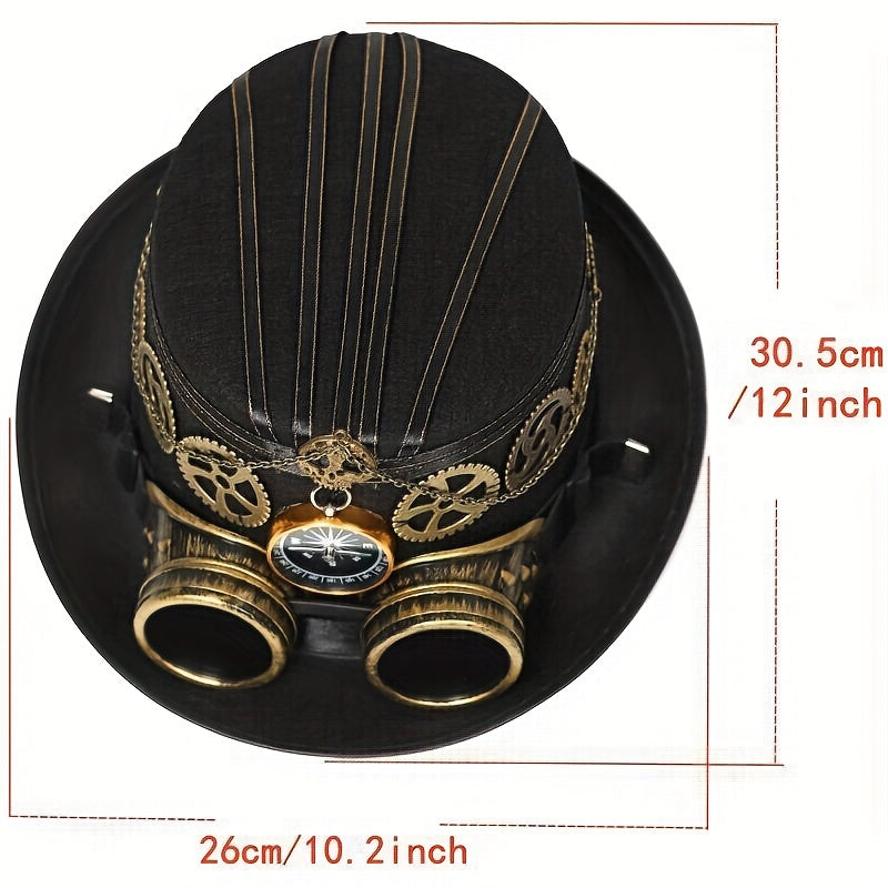 Unisex Steampunk Top Hat - Compass, Goggles, Detachable Gears