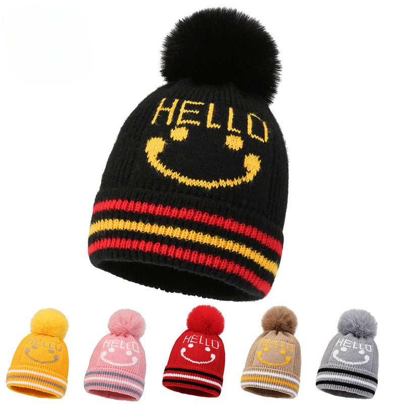 Wholesale 2023 Children's Hat Cartoon Smiling Face Plus Velvet Thickened Cotton Woolen Hat
