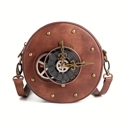Steampunk Leather Motorcycle Crossbody Bag Metal Clock Decor