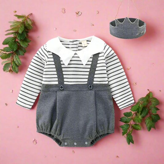 Baby Girls Boys Striped Color-blocking Rompers Headwear