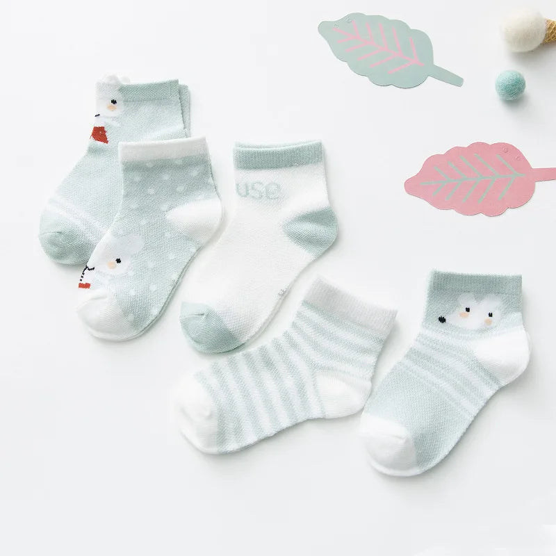5 Pairs Infant Baby Socks (Newborn-2Y) - Cotton Mesh, Cute & Comfy