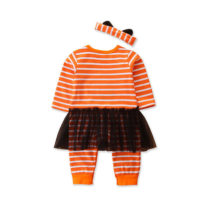 Baby Girls Striped Cartoon Bow Halloween Jumpsuits Headwear