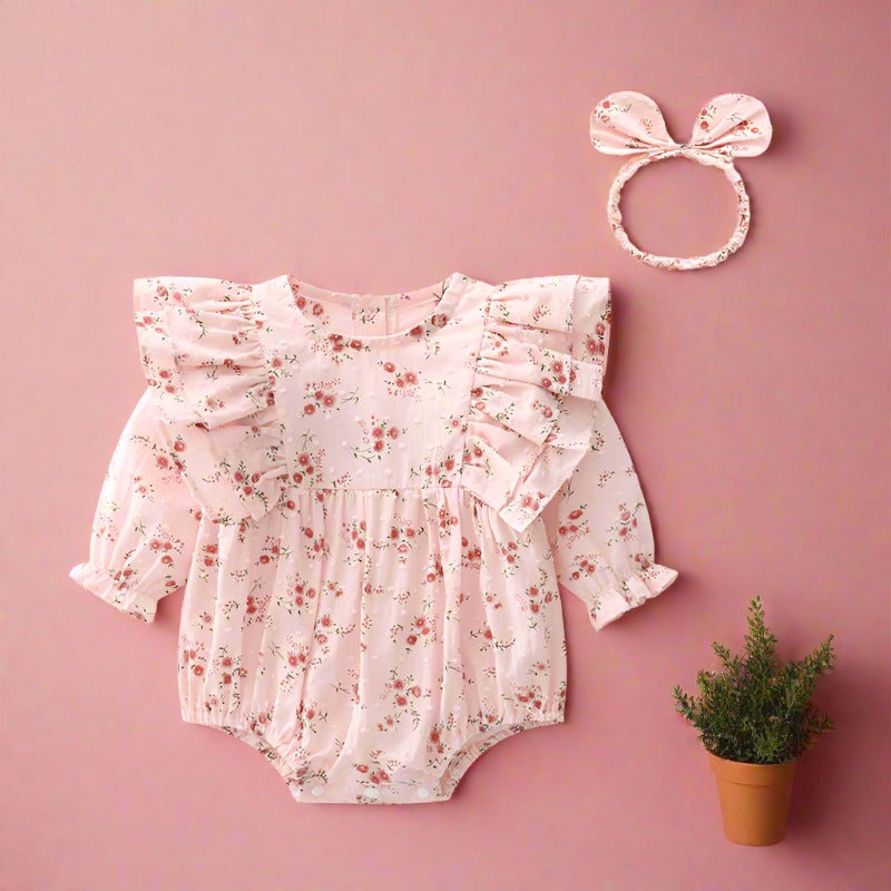 Baby Girls Flower Print Rompers Headwear