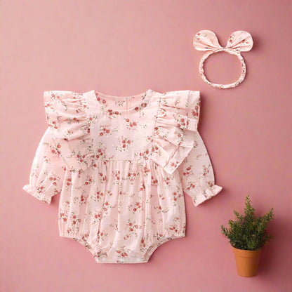 Baby Girls Flower Print Rompers Headwear