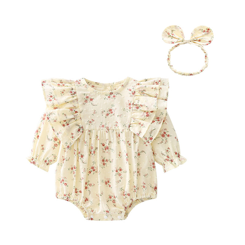 Baby Girls Flower Print Rompers Headwear