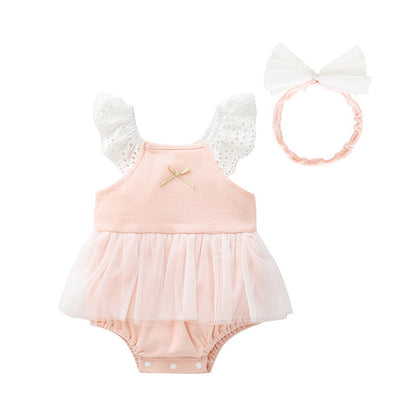 Baby Girls Color-blocking Bow Lace Rompers Headwear