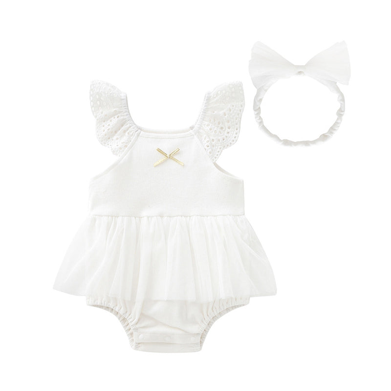 Baby Girls Color-blocking Bow Lace Rompers Headwear