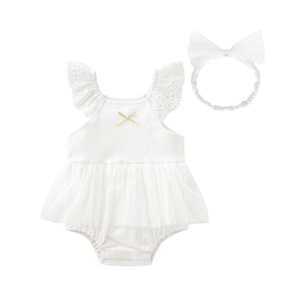 Baby Girls Color-blocking Bow Lace Rompers Headwear