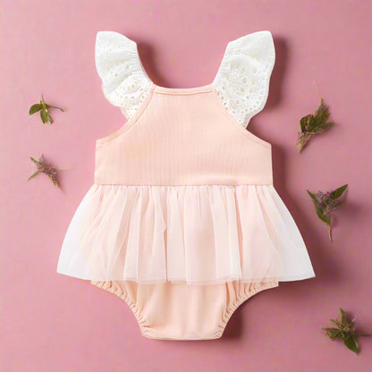 Baby Girls Color-blocking Bow Lace Rompers Headwear