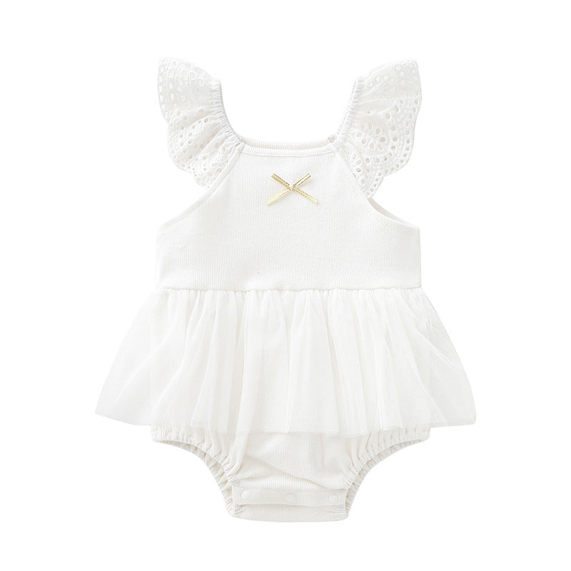 Baby Girls Color-blocking Bow Lace Rompers Headwear