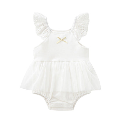 Baby Girls Color-blocking Bow Lace Rompers Headwear