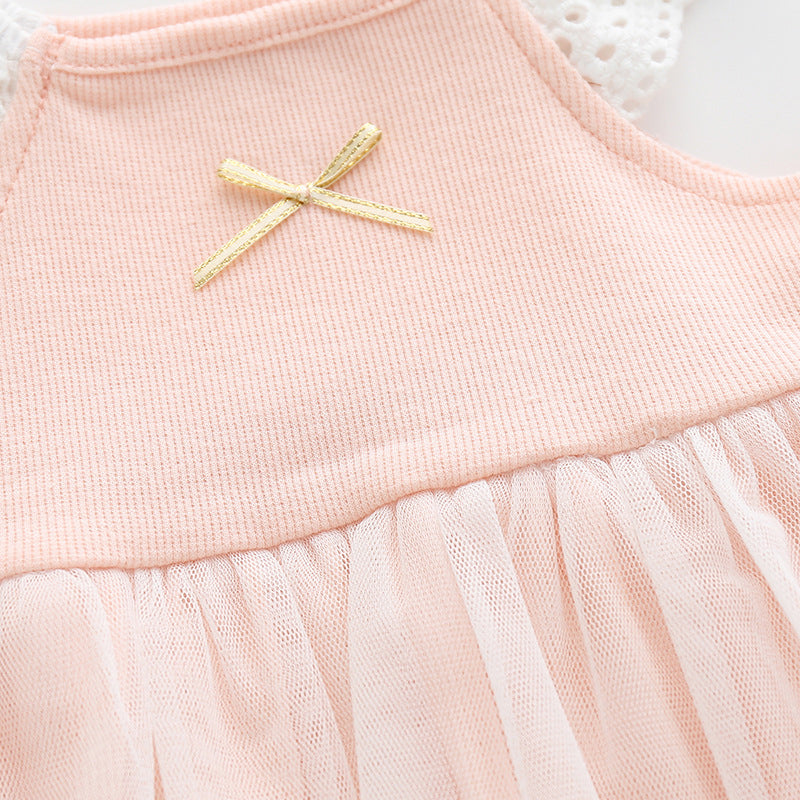 Baby Girls Color-blocking Bow Lace Rompers Headwear