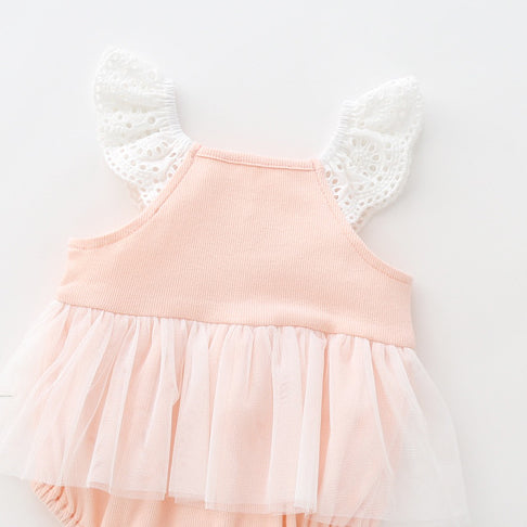 Baby Girls Color-blocking Bow Lace Rompers Headwear