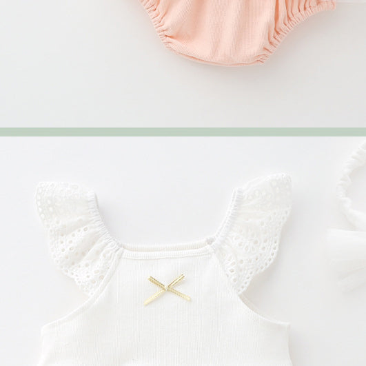 Baby Girls Color-blocking Bow Lace Rompers Headwear