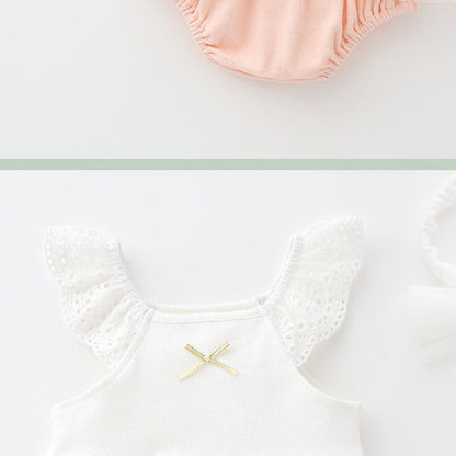 Baby Girls Color-blocking Bow Lace Rompers Headwear