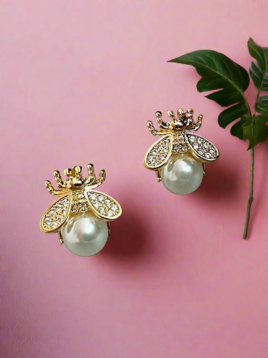 Girls Buzz-Worthy Honey Bee Pearl Stud Earrings