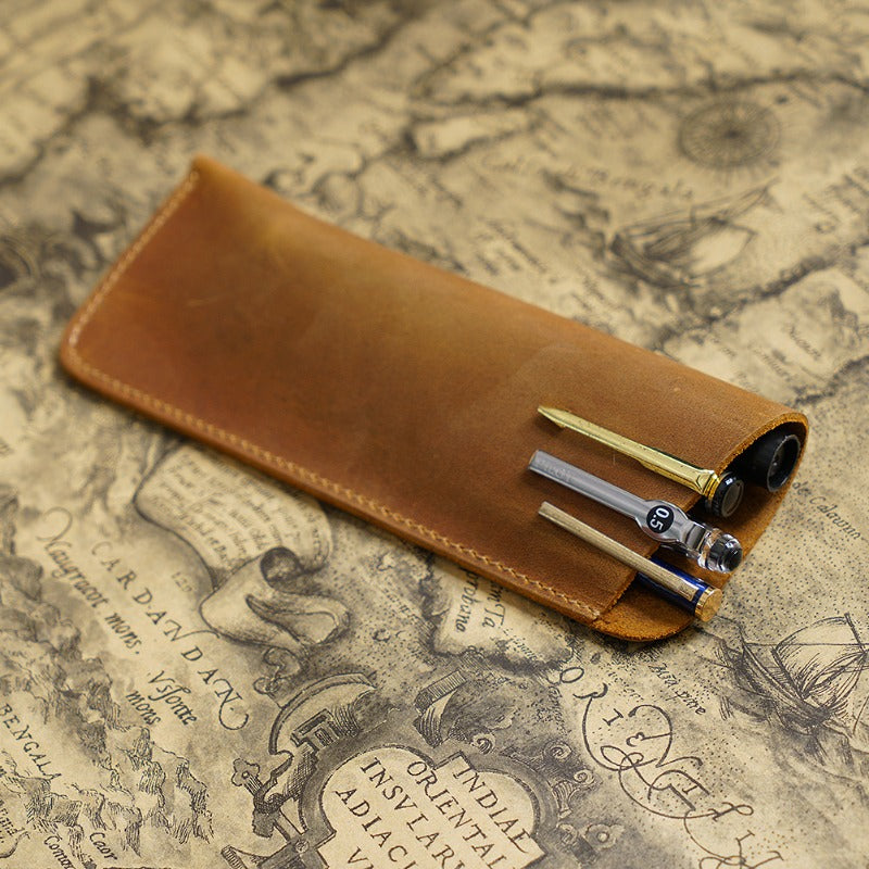 Simple Retro Cowhide Large Capacity Pencil Case