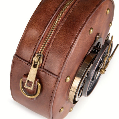 Steampunk Leather Motorcycle Crossbody Bag Metal Clock Decor