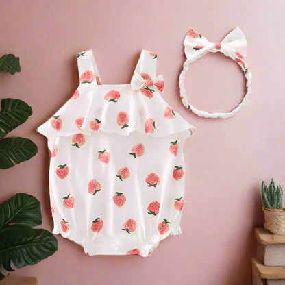 Baby Girls Fruit Bow Print Rompers Headwear