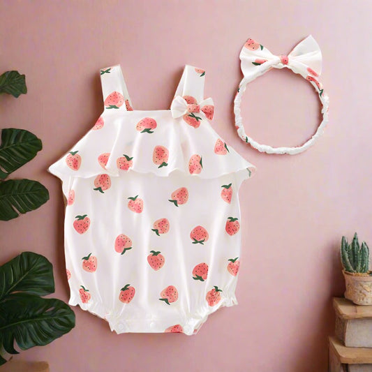 Baby Girls Fruit Bow Print Rompers Headwear