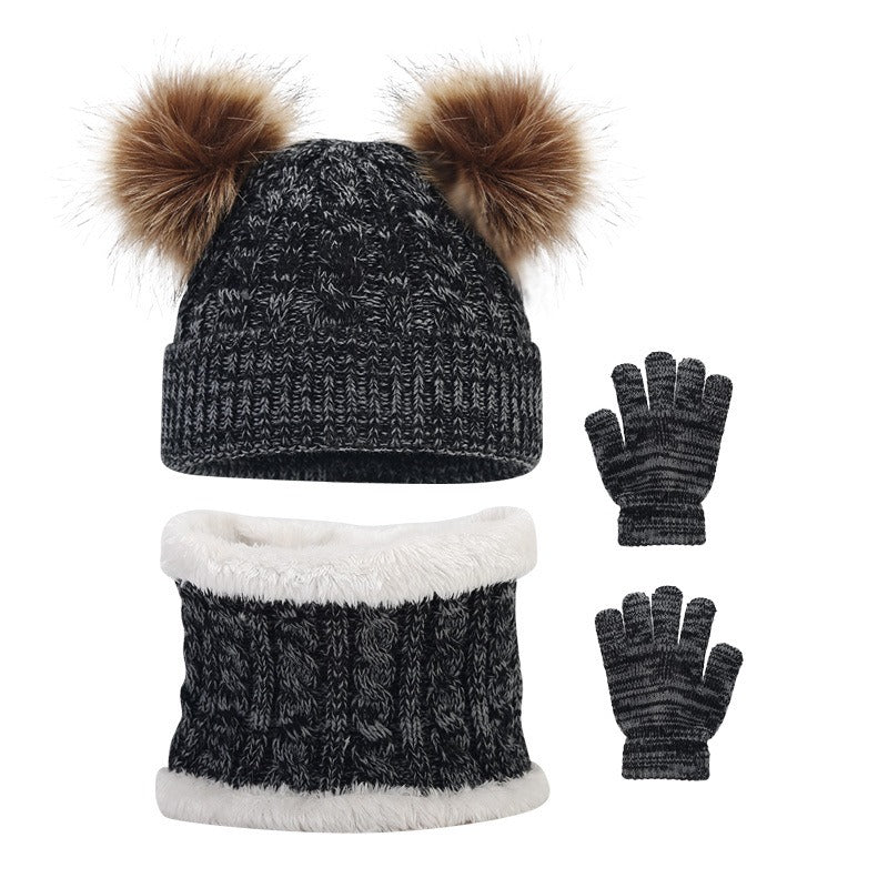 Wholesale Children's Winter Woolen Hat Double Ball Knitted Hat Scarf Gloves Set