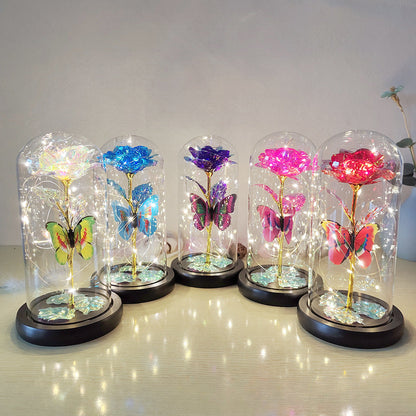 Gold Leaf Rose Flower Preserved Flower Glass Cover