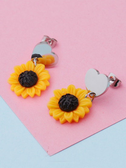 Sunny Love Heart and Sunflower Drop Earrings