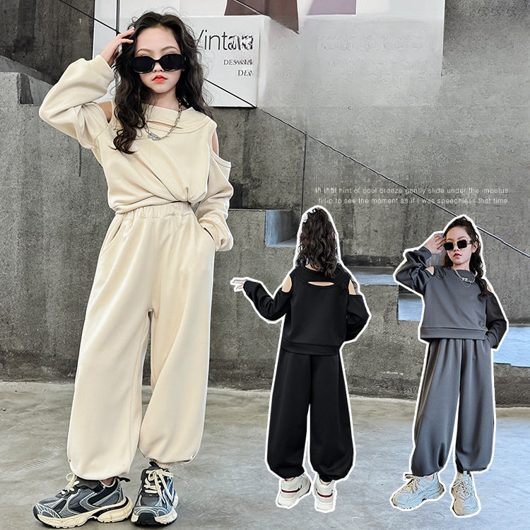 Wholesale Cotton Mid Size Children's Open Shoulder Hoodie Casual Harlan Pants Two-piece Set Trendy