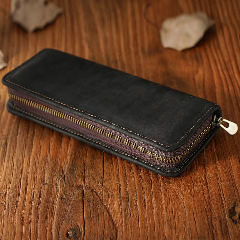 First Layer Cowhide Retro Square Men's Zipper Pencil Case