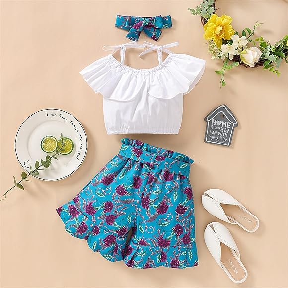 SLING RUFFLE TOP, FLORAL SHORT, AND HEADBAND SET