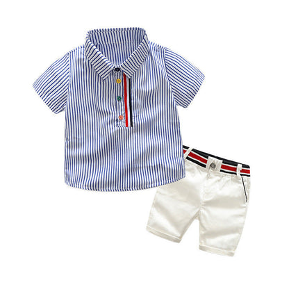 Boys' Cotton Lapel Short Sleeved Striped Shirt Casual Pants Set
