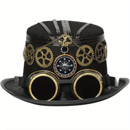 Unisex Steampunk Top Hat - Compass, Goggles, Detachable Gears
