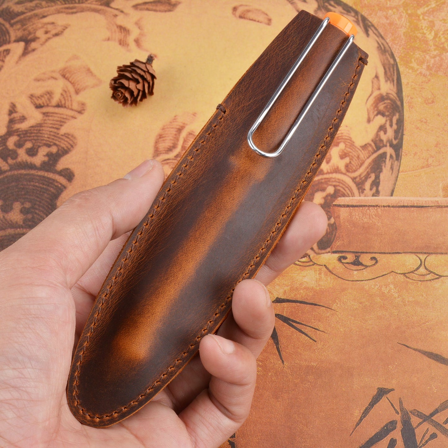 Header Cowhide Single Support Steel Pen Leather Case